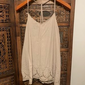 Taupe Umgee Linen Tank Top With Lace Cut Out Detail, size small.